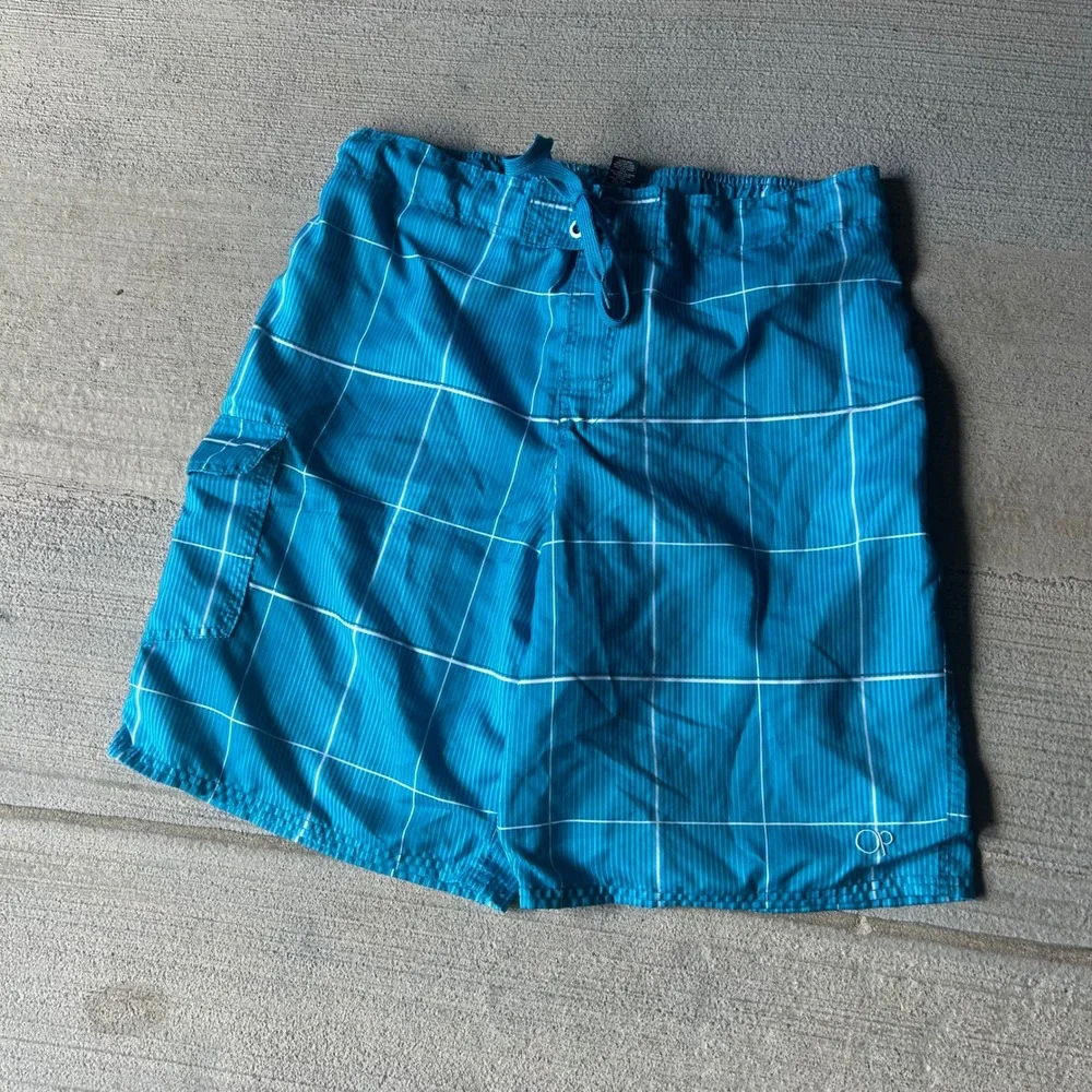 Vintage 2000s Ocean Pacific Mens Aqua Blue Grid Cargo Board Shorts